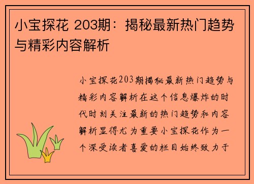 小宝探花 203期：揭秘最新热门趋势与精彩内容解析